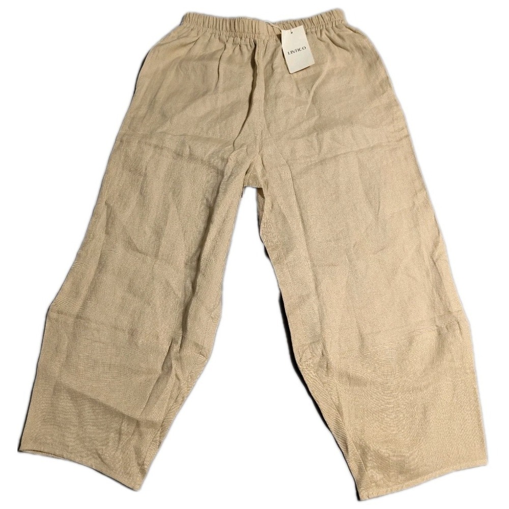Lintico 100% Linen Pants Women's Small Beige Elastic Waist Wide Leg Cropped NWT